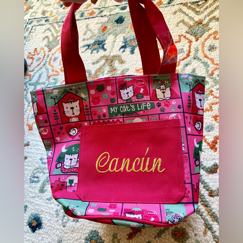 Cancun Cat Lovers mini tote pink teal and white w/inner floral drawstring